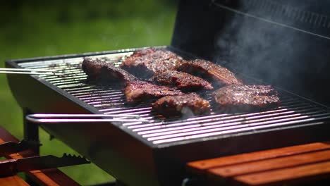 Tasty-ribs-cooking-on-barbecue-grill-for-summer-outdoor-party