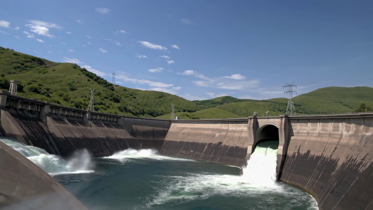 Aerial video captures a scenic dam with water flowing through, surrounded by lush green hills