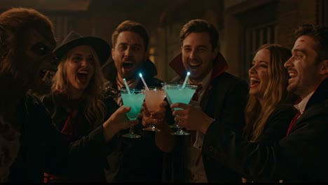 a halloween party scene featuring friends in costumes clinking colorful cocktails with fun glow sticks in a spirited and festive atmosphere