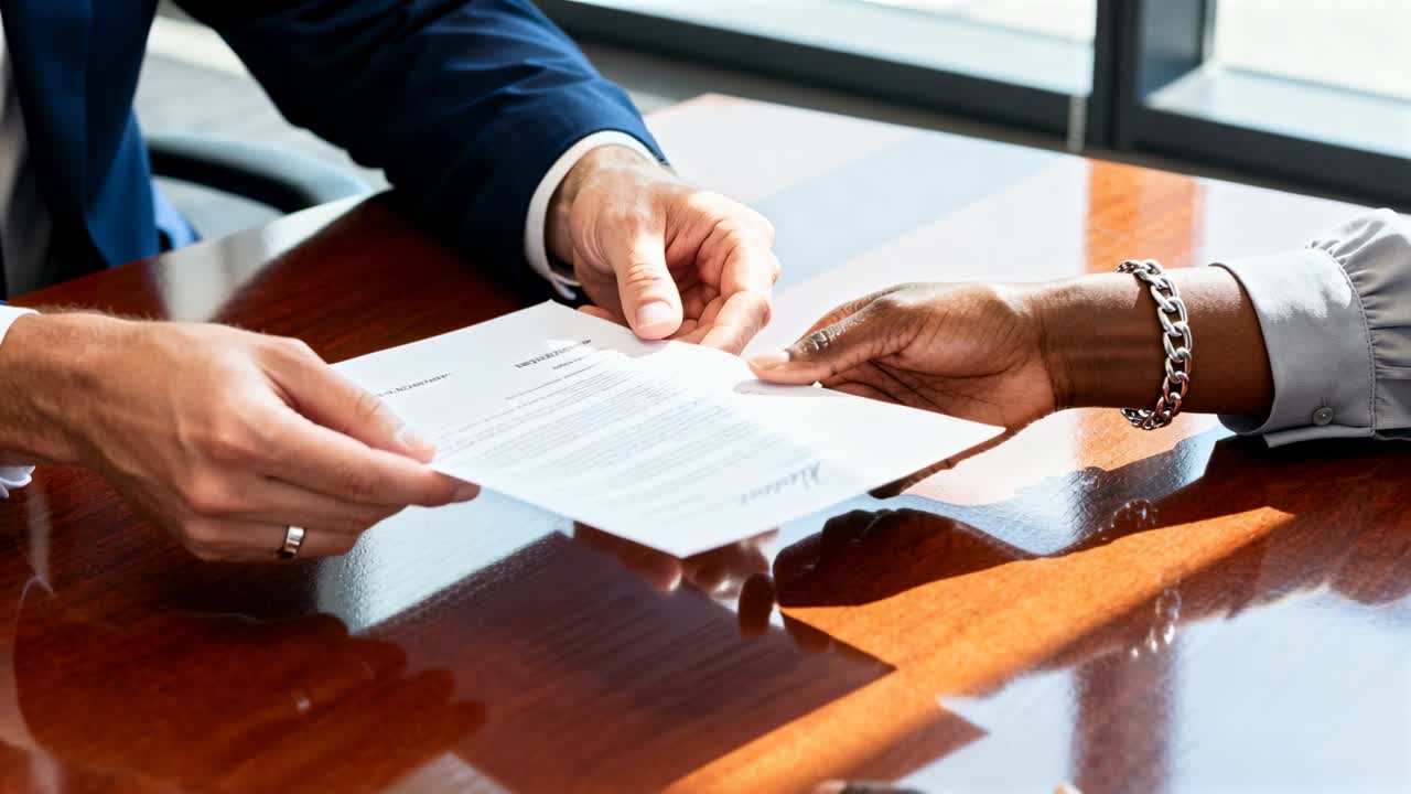 Homem de terno azul-marinho entregando papel impresso a colega com corrente prateada na janela para a entrega de um contrato.
