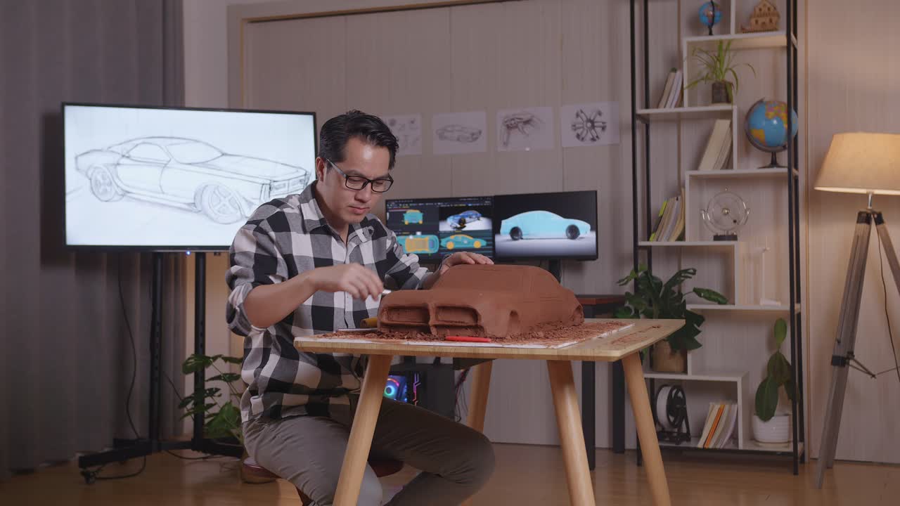 hombre asiático diseñador de automóviles sonriendo y mostrando brazos cruzados gesto a la cámara mientras trabajaba en la escultura de arcilla de coche en el estudio