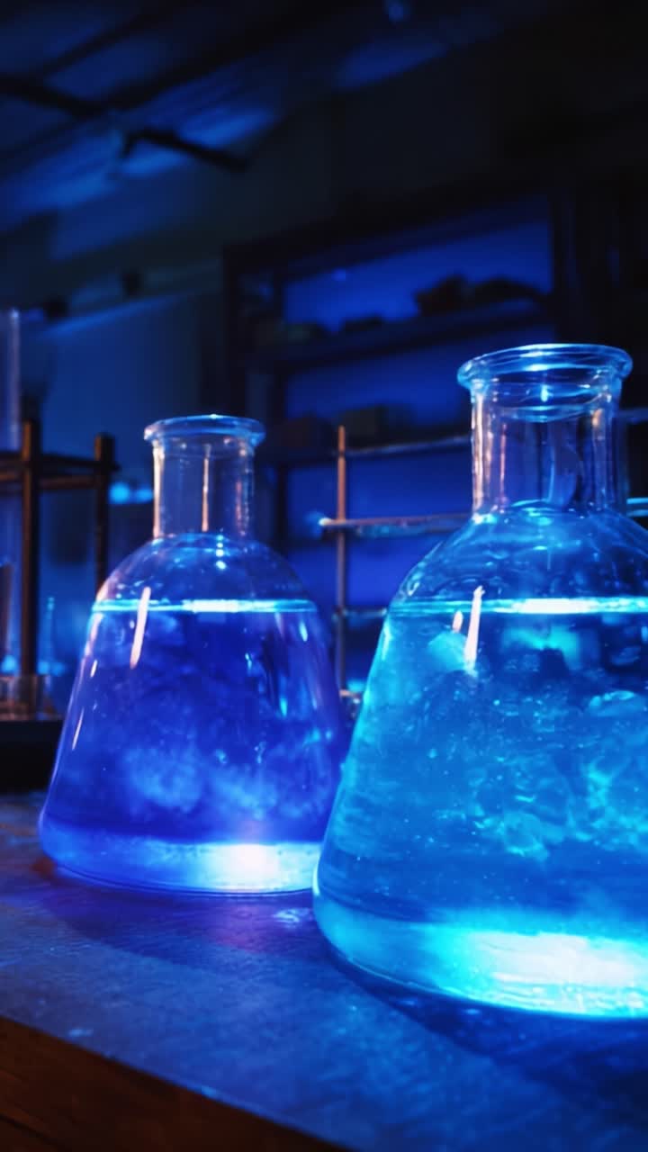 Un'affascinante esposizione di esperimenti con liquidi fluorescenti in beute da laboratorio, che mostra vivaci tonalità di blu in un'esplorazione scientifica di chimica e sostanze