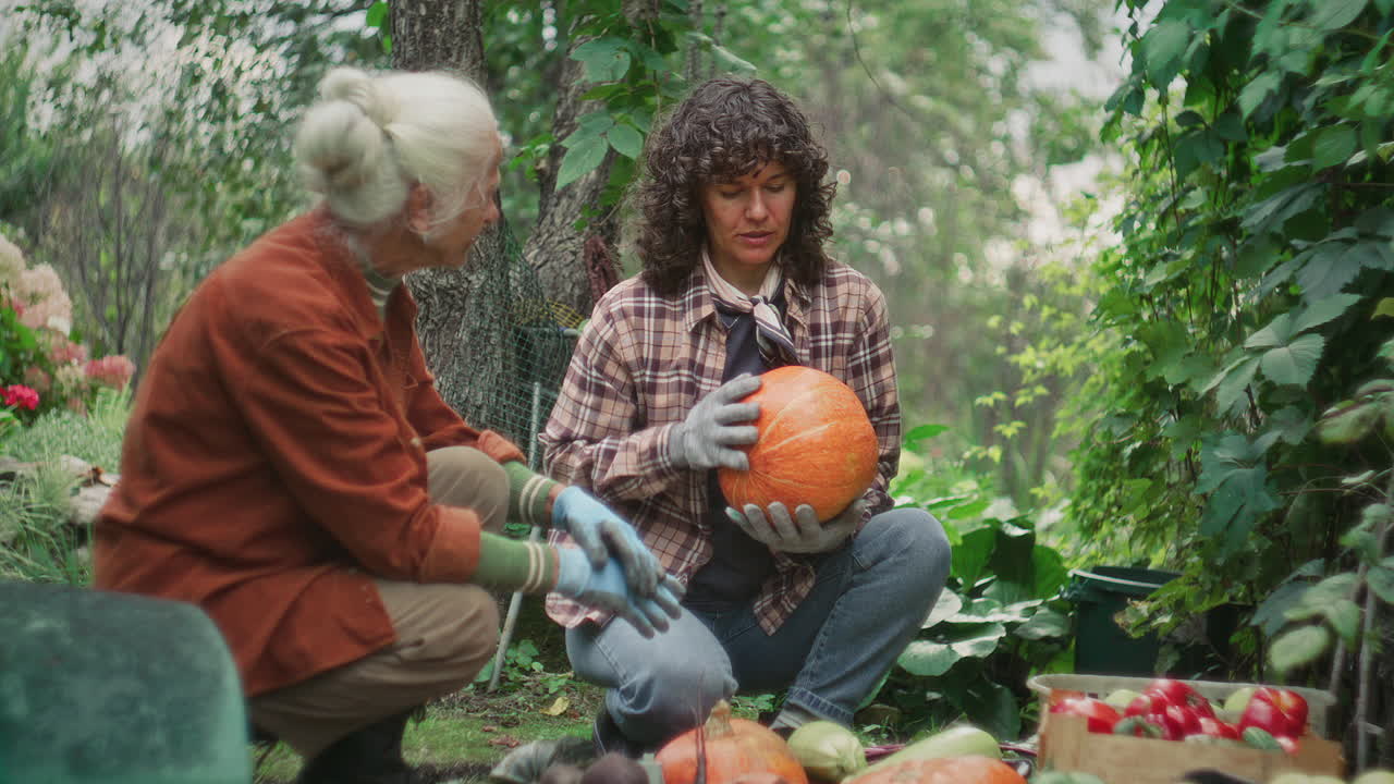 Woman and Grandmother Discussing Ripe Pumpkin Harvested from Garden