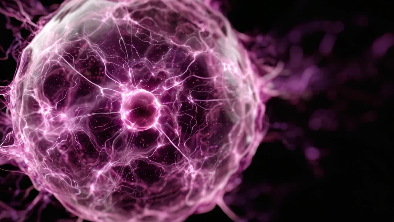 Uno sguardo affascinante nel mondo microscopico dell'energia con una straordinaria rappresentazione di particelle cariche elettricamente che pulsano all'interno di una sfera vibrante e luminosa.