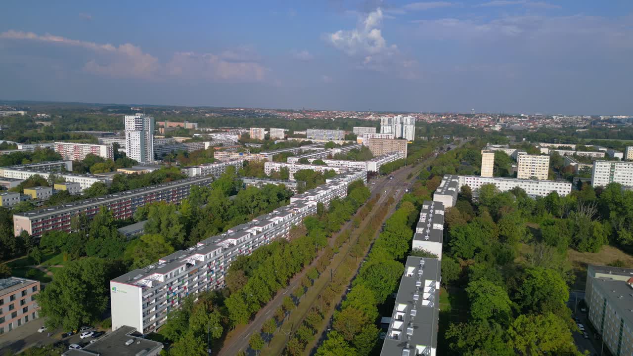 halle neustadt, a district in germany, showing a dense collection of plattenbau buildings, a common form of prefabricated architecture. Gorgeous aerial view flight panorama overview drone