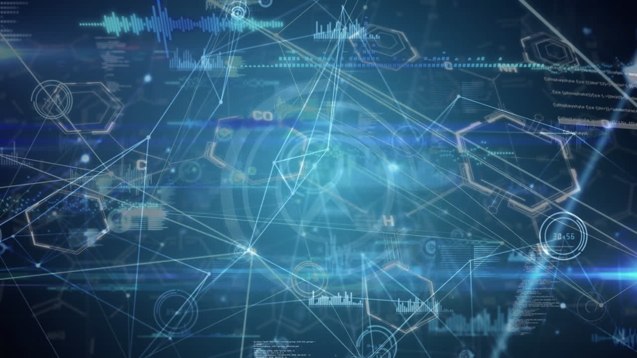Animation of data processing and network of connections on black background