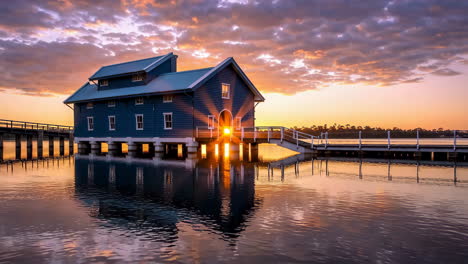 iconic blue boathouse at sunset on calm water