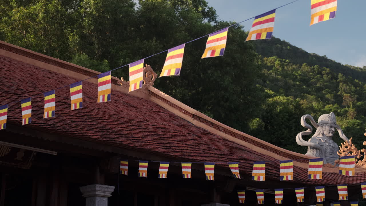Buddhist Temple with Colorful Flags
