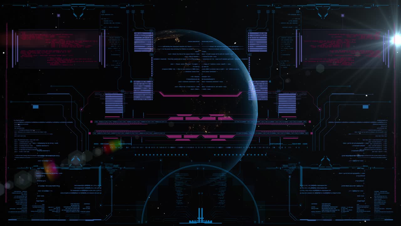View of planet Earth from a spaceship cockpit with complex data and interface elements appearing, with lens flare, sci-fi concept for exploration