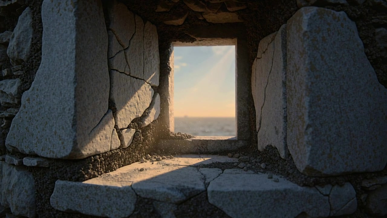Shifting low sun across stone window ledge inside lighting drifting dust and stones framing horizon
