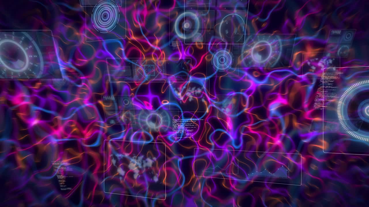 Starting filaments undulating, neon strands shifting, HUD rings, panels fading in showing network
