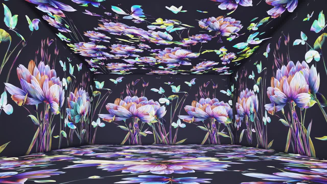 Immersive floral video art with vibrant flowers on walls and ceiling