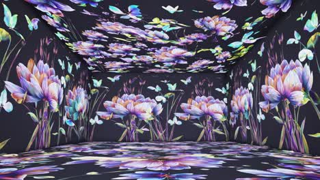immersive floral video art with vibrant flowers on walls and ceiling