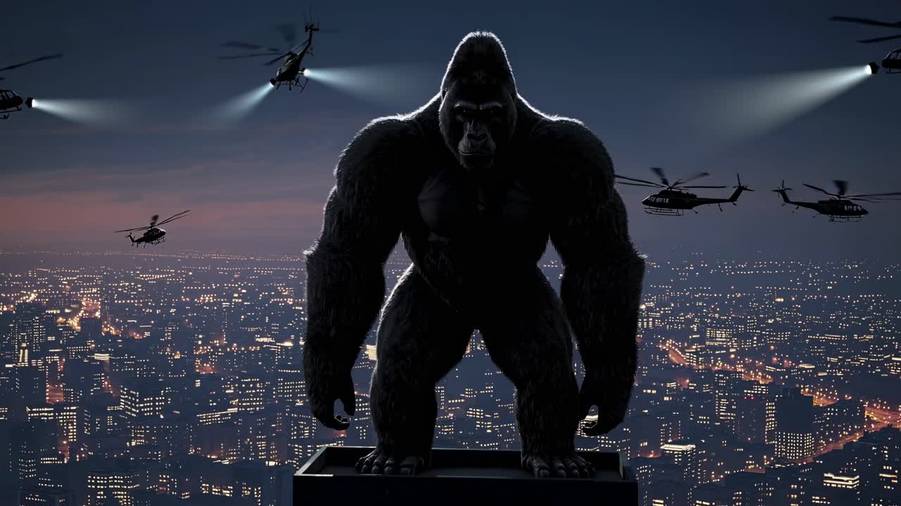 Aerial view of a giant gorilla on a rooftop, surrounded by helicopters over a cityscape at night