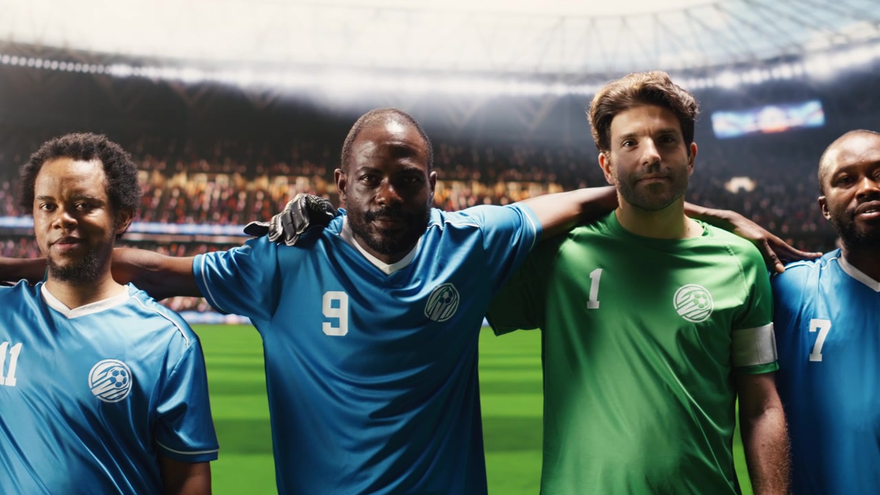Ritratto di diversi calciatori in maglia blu che posano con sicurezza.