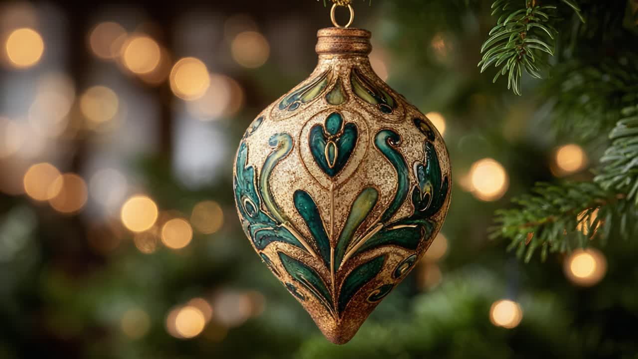 Intricately Designed Christmas Ornament Glimmering with Hues of Green and Gold, Suspended Elegantly Amidst a Holiday Evergreen Setting