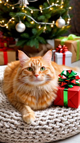 Orange Cat with Christmas Tree and Presents