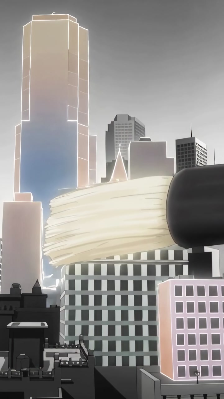 Vertical video: Brush entering right, sweeping skyline, adding color and glow to towers for design