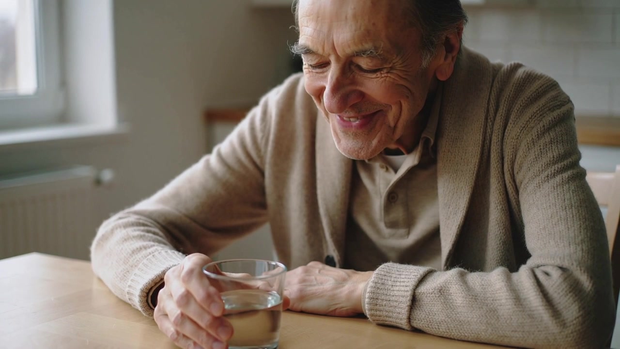 Feeling thirsty senior man lifting glass, sipping water, smiling at kitchen table in beige cardigan