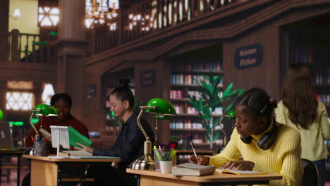 estudiantes que estudian en una biblioteca virtual