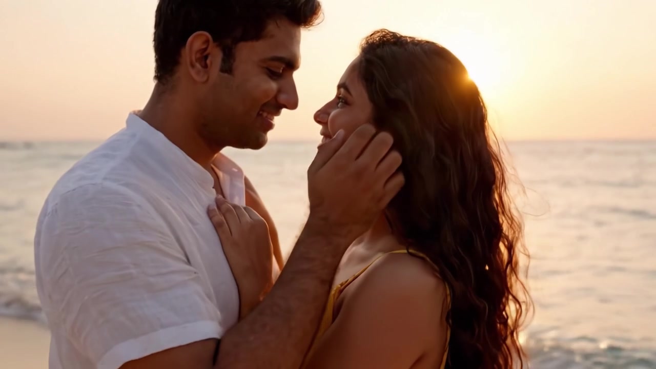 A Romantic Sunrise Encounter on the Beach: A Couple Embracing Tenderly While the Waves Lullaby the Golden Glow of the Morning Sun Over the Water