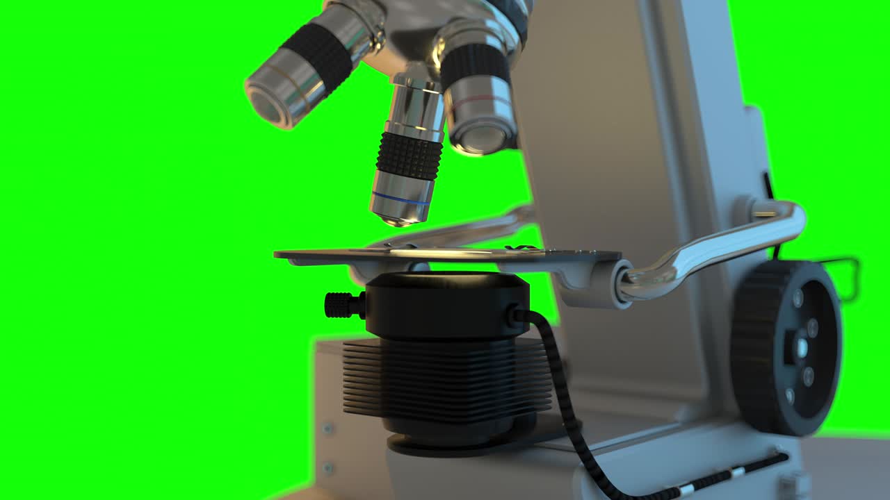 4K medical research concept - scientific microscope working automatically isolated on green screen for chromakey use, UHD 60 FPS 3D animation