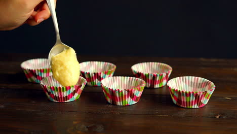 cooking cupcake. muffins preparation. pouring dough cake into muffin tray