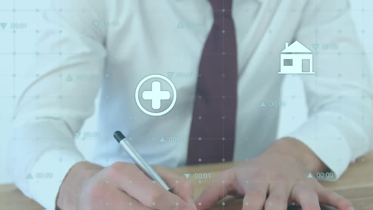 카우카스 사업가 글씨 위에 아이콘으로 금융 데이터 처리의 애니메이션