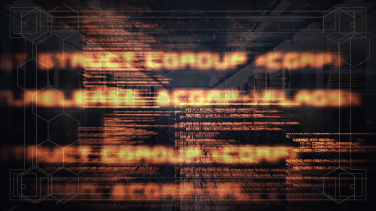 animación de hexágonos y lenguaje informático en la sala del servidor