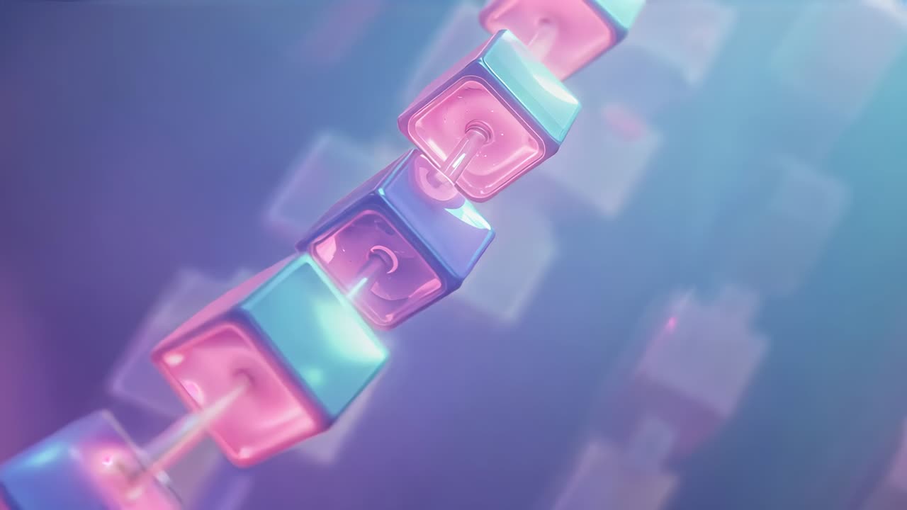 Animation starting cube chain rotating revealing pins and detaching cube, against purple gradient