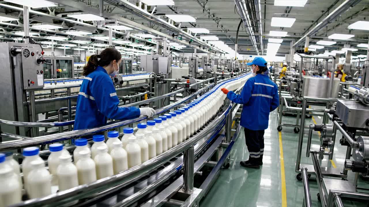 Wide-angle shot of a modern dairy production line with milk bottles on a conveyor belt