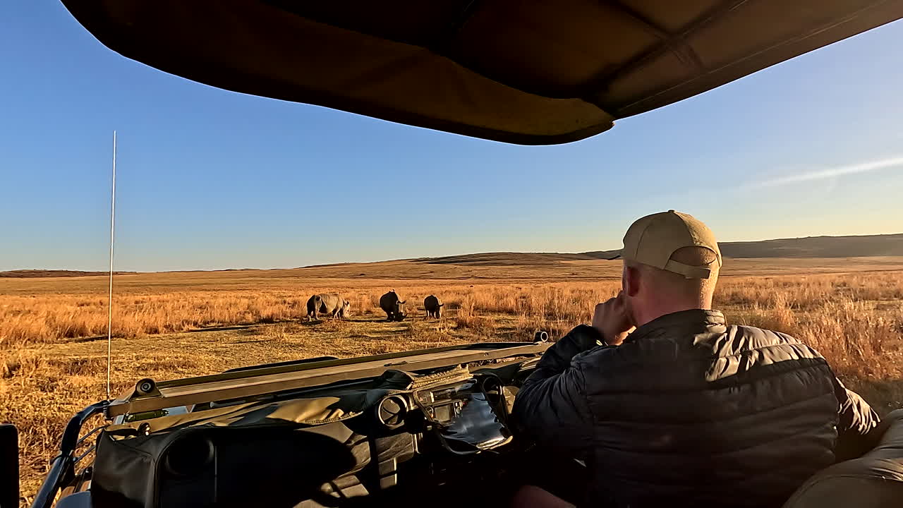 Field guide on two-way radio give update on location of rhinos, safari truck POV