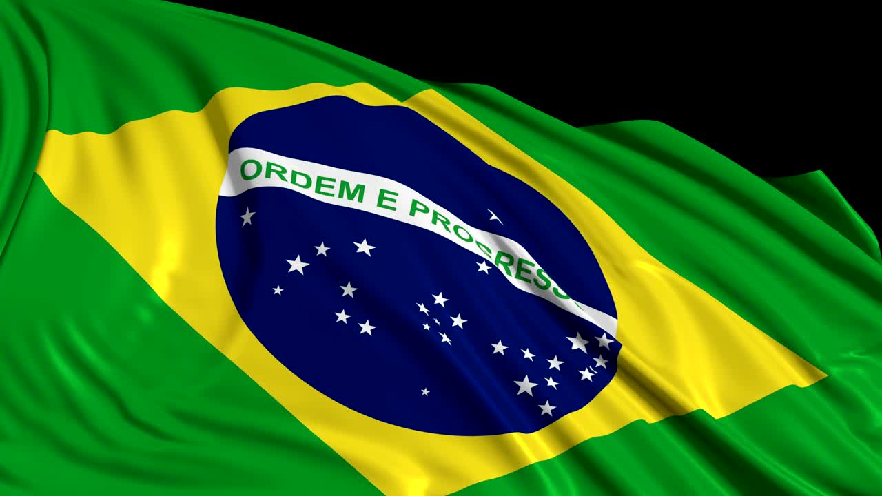 Brasiliansk flag i slowmotion. Flaget folder sig jævnt ud i vinden