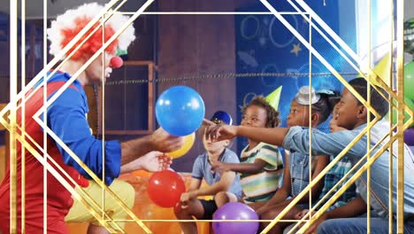 Animation-of-gold-shapes-over-diverse-children-and-clown-at-birthday-party