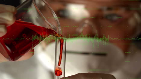 animación del procesamiento de datos sobre un científico vertiendo líquido en un tubo de ensayo