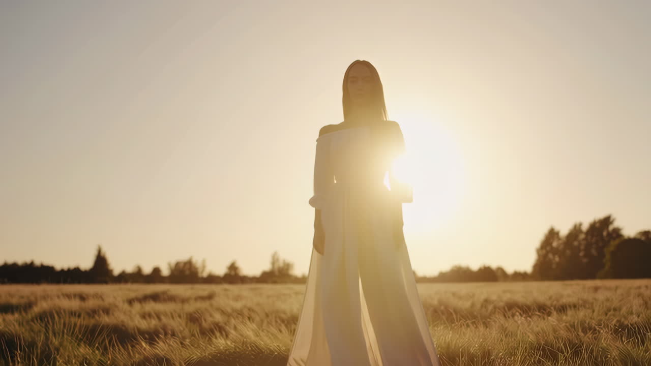 Woman in a white dress in a field at sunset