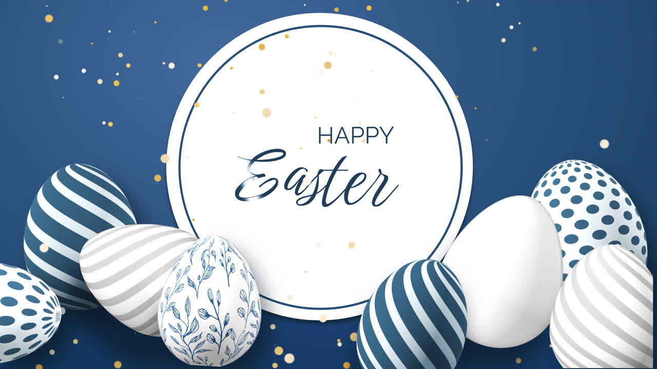 Uova di Pasqua con motivi festivi su uno sfondo blu con coriandoli gialli lucidi che cadono. Cartello con la scritta Buona Pasqua. Animazione 3D