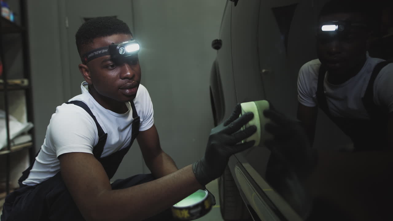 Car Detailing in a Garage at Night
