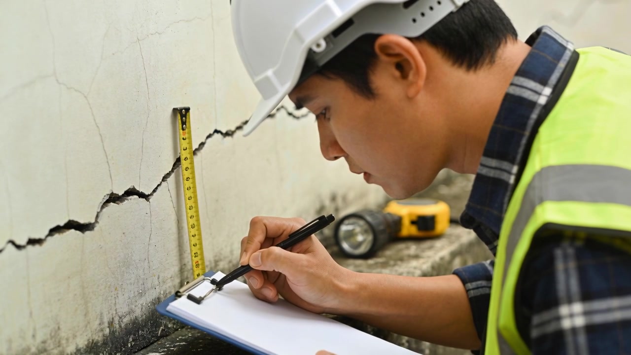Kneeling site inspector in yellow vest using tape measure tracing foundation crack noting clipboard
