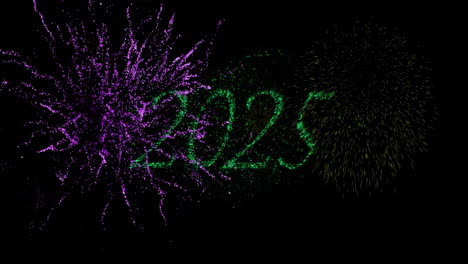 Fireworks animation with 2025 text in green particles on black background