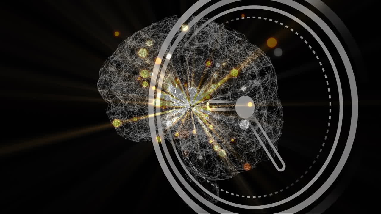 Animation of ticking clock icon over spinning human brain icon and yellow spots on black background