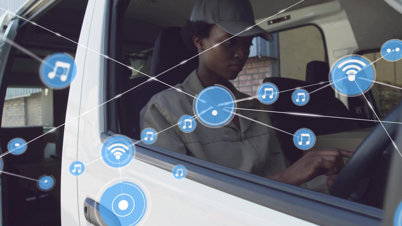 Conducente donna che tocca un dispositivo, attivando nodi Wi-Fi musicali blu che scorrono verso di lei per la logistica.