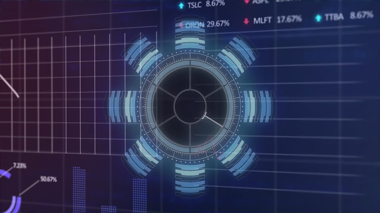 animación de un escáner redondo sobre el procesamiento de datos estadísticos y del mercado de valores sobre un fondo púrpura