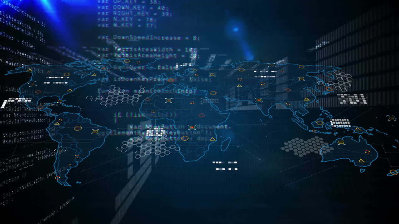 Global network connections and data processing animation over cityscape at night