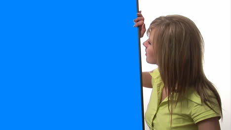 woman with blue screen sign