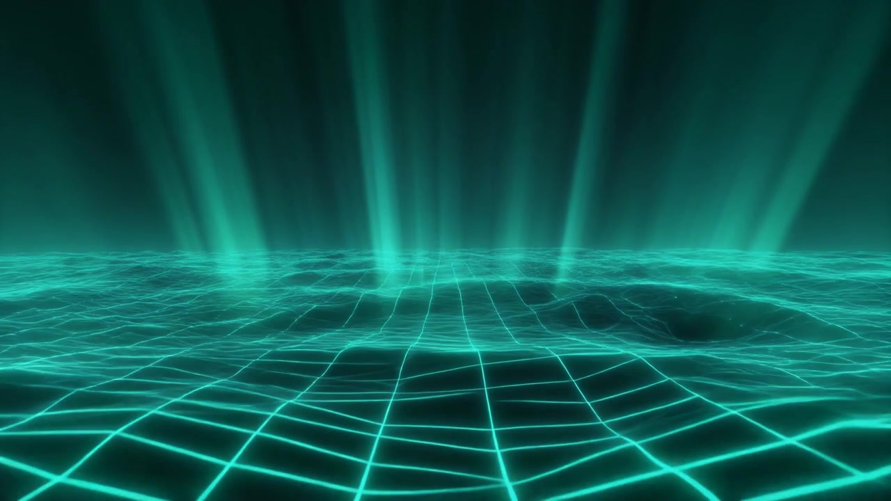 Abstract Digital Grid Landscape with Glowing Light Beams