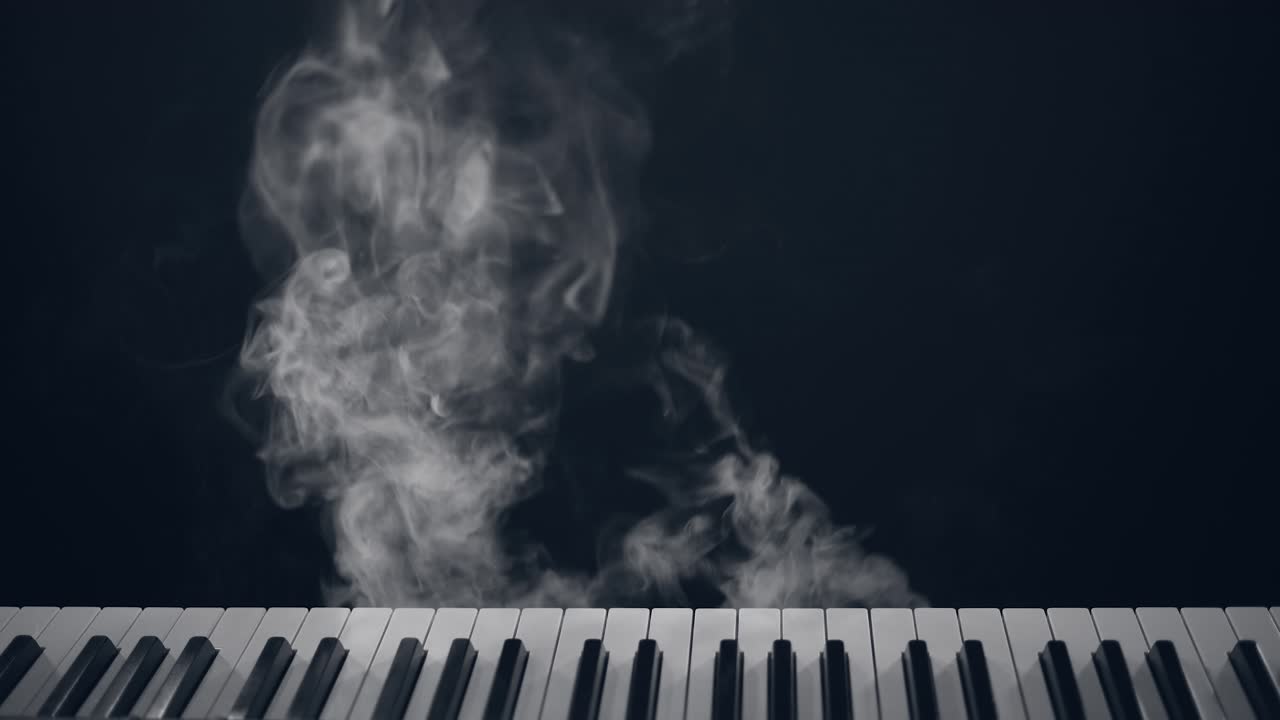 smoke coming out of a piano with dark background 4k, black - white