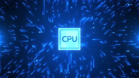 animación de bucle de 4k de una placa de circuito futurista con electrones en movimiento que terminan en la cpu.