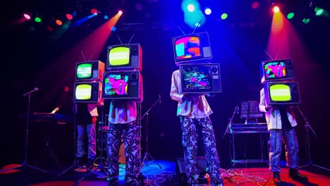 band performing with retro tv heads