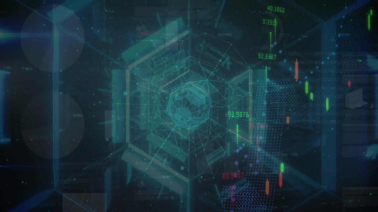 Animation of graphs moving over tunnel made of hexagons on black background